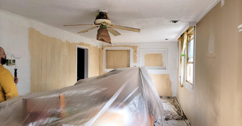 Interior of a room after being primed and ready for white paint.