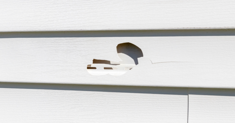 White exterior siding with hole from hail damage.
