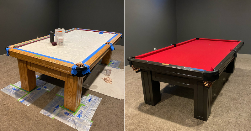 Before and after pictures of a golden oak colored wooden pool table being painted black.