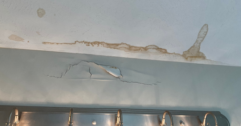Damaged ceiling and peeling and blistering wall paint in bathroom