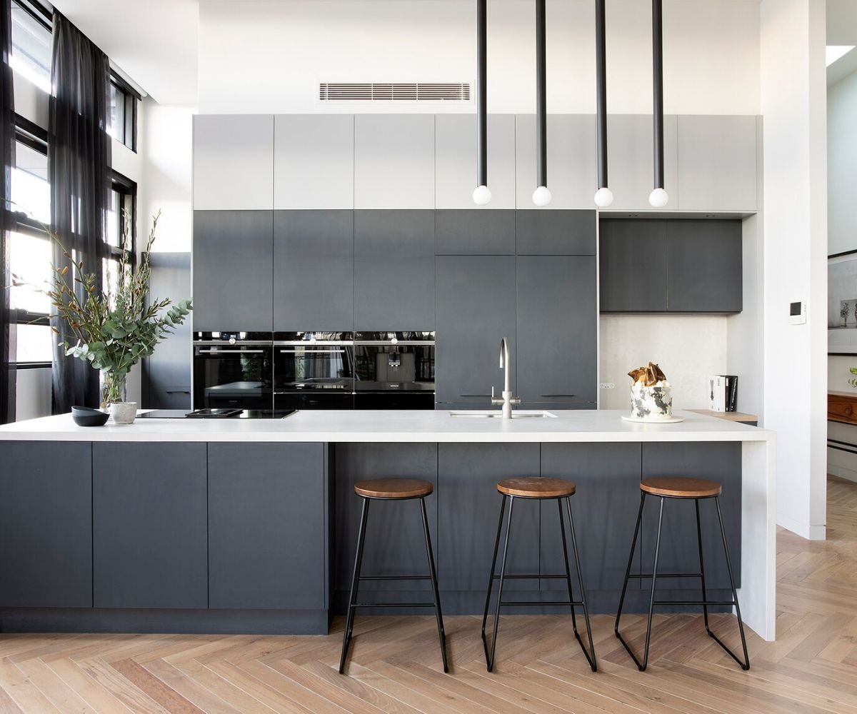 Modern kitchen with gray cabinets