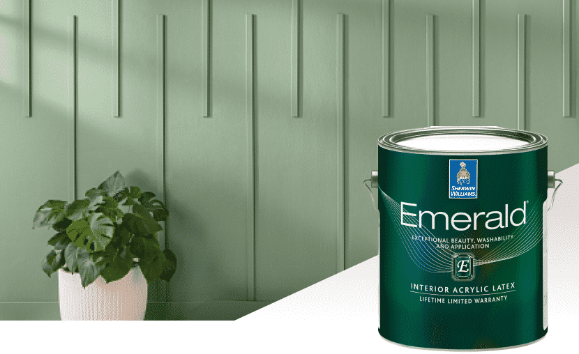 Emerald paint can with green colored wall. Image Credit: Sherwin Williams