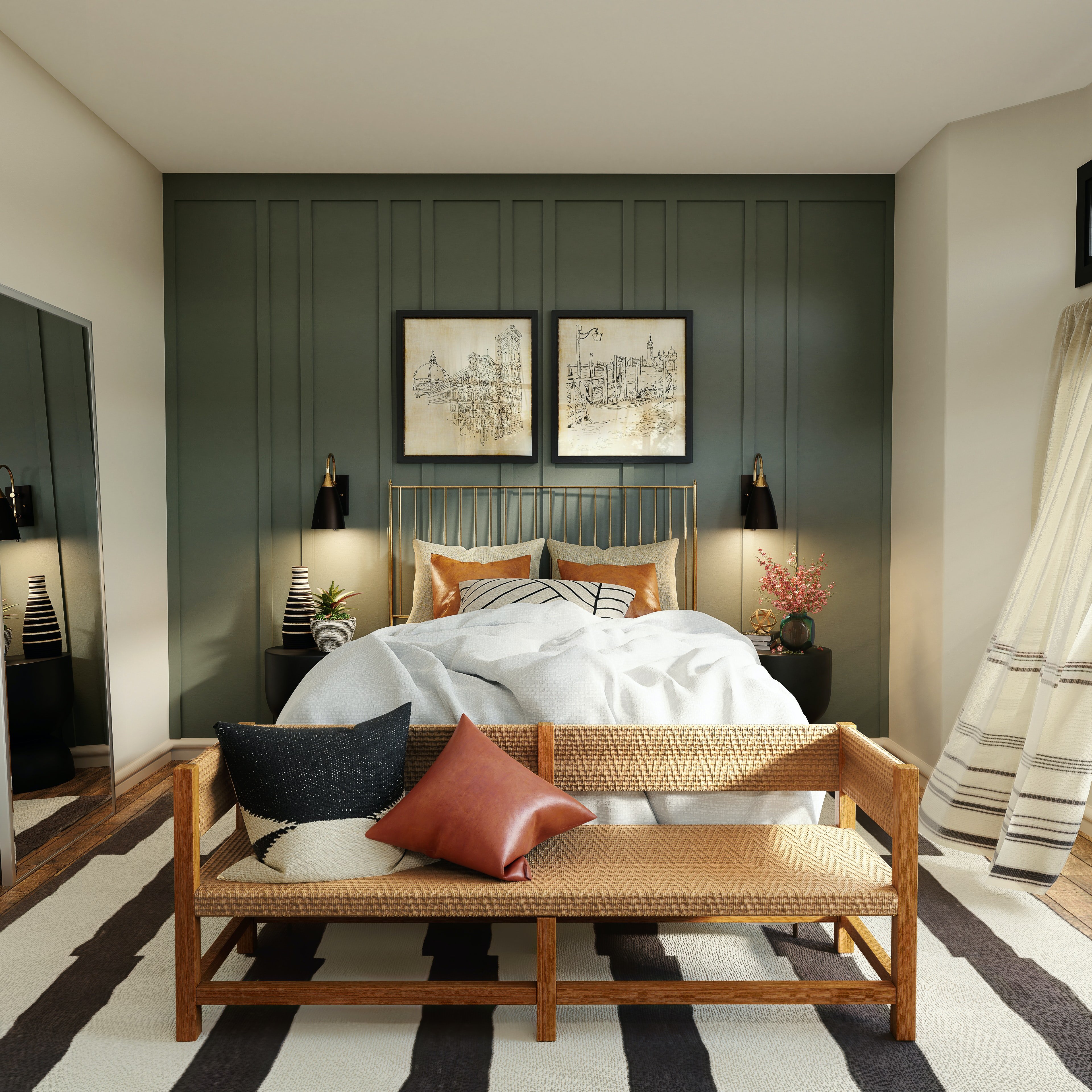 Bedroom with dark green painted accent wall.