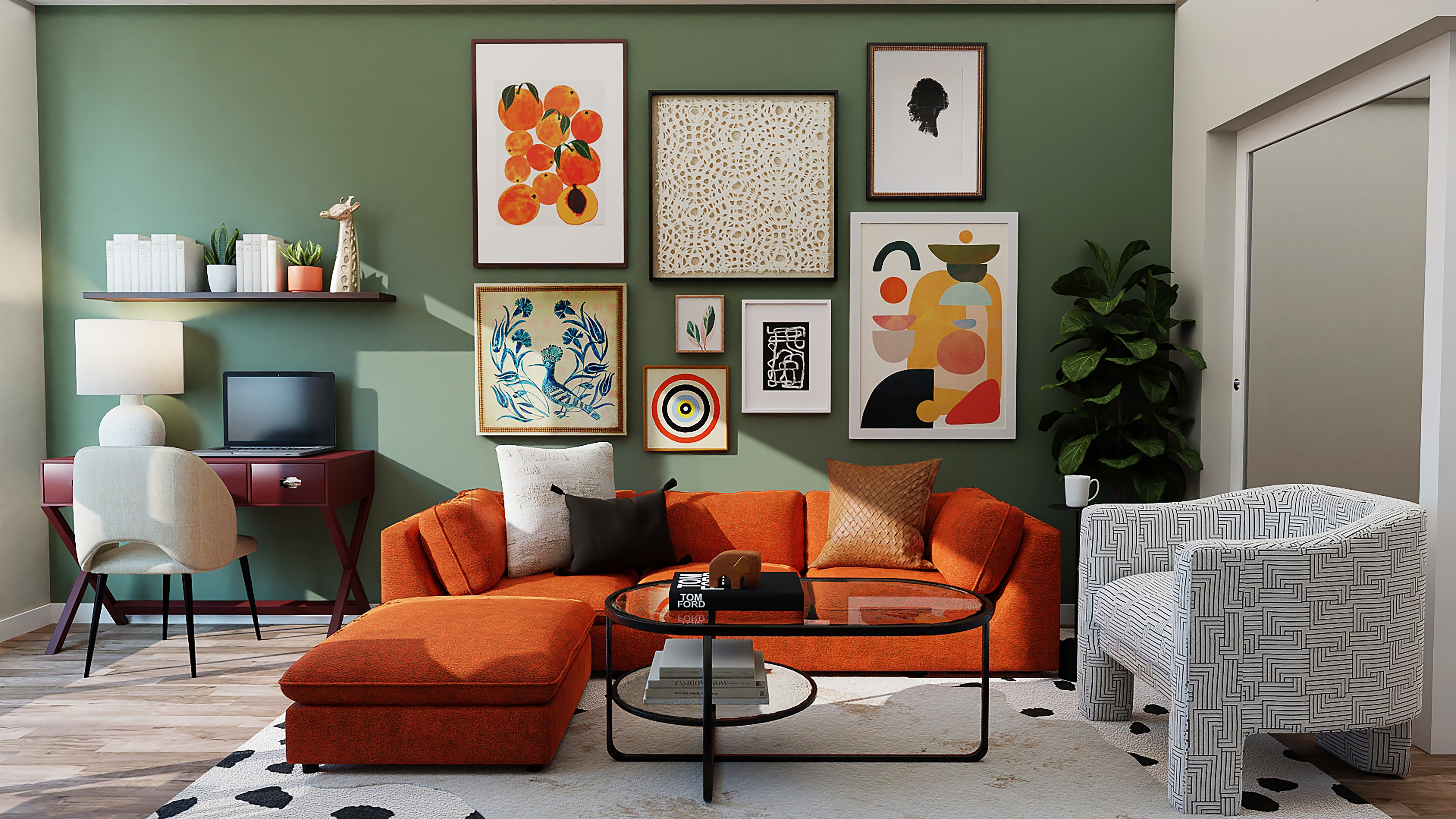 Living room with a dark sage green accent wall with image gallery and a bright orange couch.
